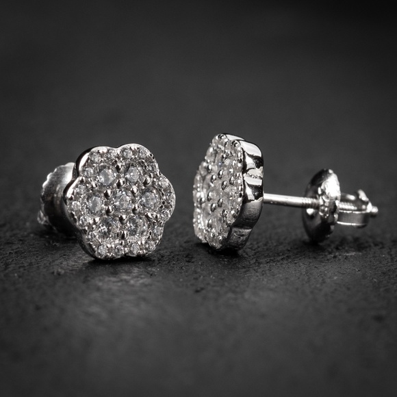 Mens Cluster Iced White Gold Flower Stud Sterling Silver Screw Back Earrings - Picture 4 of 6